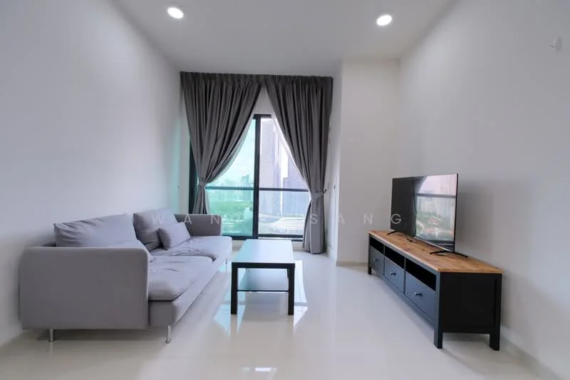 Living features: grey fabric 3-seater sofa, black coffee table, wooden TV console, wall-mounted flat-screen TV, floor-to-ceiling windows, sheer curtains, white painted walls, glossy tile flooring, recessed downlights; style: modern; view: city.