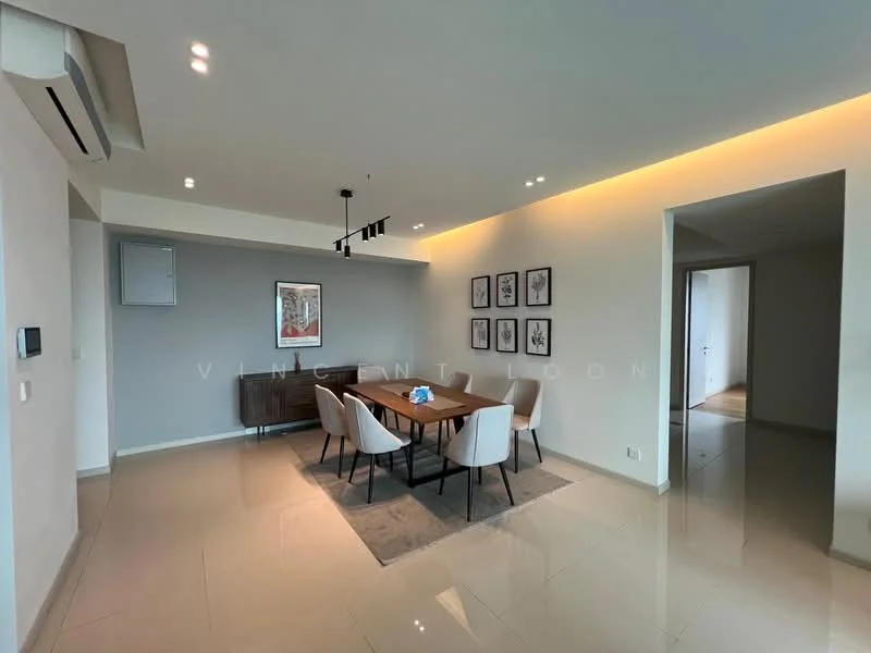 Dining features: rectangular dining table, upholstered dining chairs, pendant light fixture, recessed downlights, cream painted walls, tile flooring, air conditioning unit, decorative wall art, area rug, wall-mounted artwork; style: modern. Room features: cream painted walls, tile flooring, doorway leading to another room, wall-mounted light switch.