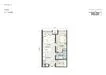 Floor plan: 1-bedroom 1-bathroom unit; features: open-plan kitchen-dining-living, master bedroom with ensuite bathroom, utility room, balcony off living room, central foyer.