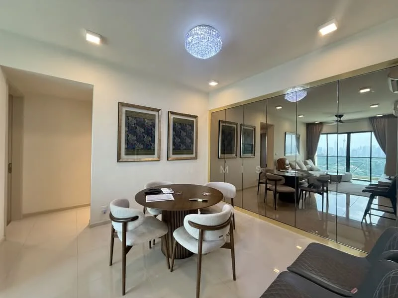 Dining features: round dining table, upholstered dining chairs, chandelier, mirrored wall, cream painted walls, marble tile flooring, floor-to-ceiling windows, city view, ceiling fan, framed artwork; style: modern; view: city. Room features: cream painted walls, marble tile flooring, recessed downlights.