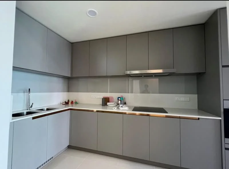 Kitchen features: grey flat-panel cabinets, white quartz countertop, stainless-steel double-bowl sink, chrome pull-down faucet, built-in stainless-steel range hood, ceramic tile backsplash, recessed downlights, white tiled flooring, kitchen appliances visible, open shelving, wall-mounted cabinets; style: modern.