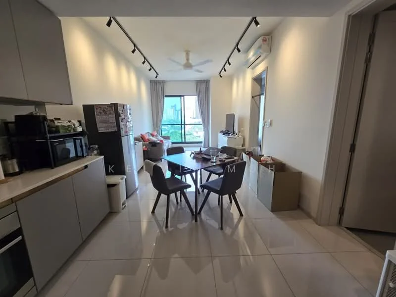 Kitchen features: grey flat-panel cabinets, white quartz countertop, stainless-steel sink, chrome pull-down faucet, built-in microwave, freestanding fridge, 4-burner gas hob, stainless-steel range hood; style: modern; view: city. Dining features: 6-seater dining table, wooden dining chairs, pendant lighting, floor-to-ceiling windows, white painted walls, polished tile flooring; style: modern; view: city.
