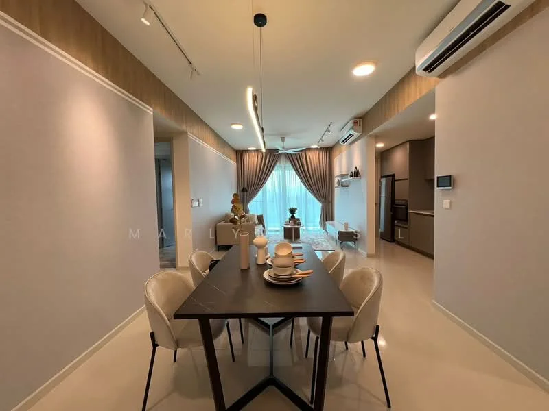 Dining features: 6-seater dining table, upholstered dining chairs, pendant light, recessed downlights, cream painted walls, light grey flooring, floor-to-ceiling windows with sheer curtains, air conditioning unit, decorative vase on table, wall-mounted TV, open-plan layout to living area, curtains, wall paneling; style: modern; view: garden. Living features: sofa, coffee table, area rug, wall-mounted TV, decorative items, floor-to-ceiling windows with sheer curtains, air conditioning unit; style: modern; view: garden.