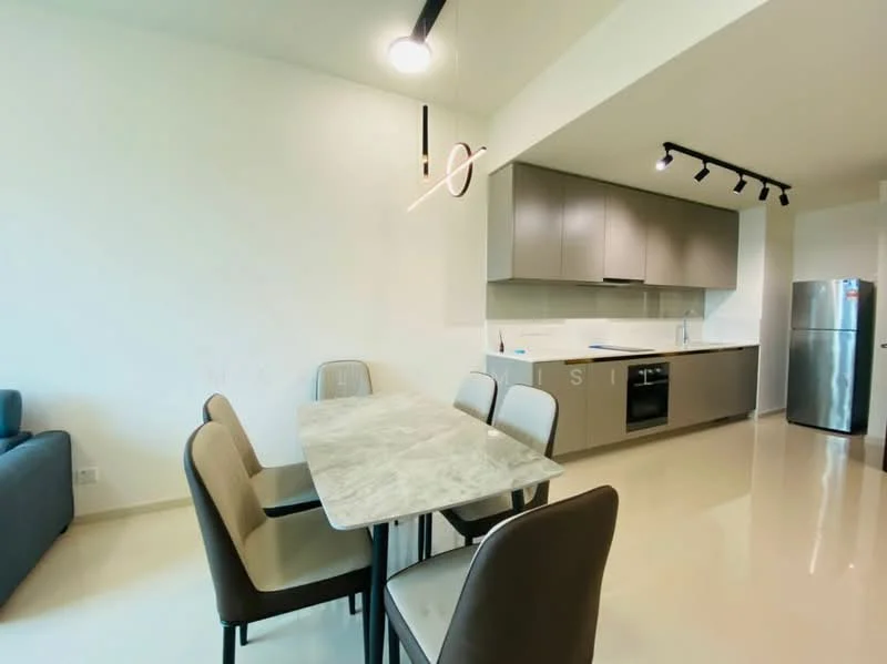 Dining features: marble dining table, 4 dining chairs, grey cabinetry, stainless-steel fridge, white walls, recessed LED downlights, track lighting, open-plan layout, cream tiled flooring; style: modern. Kitchen features: grey cabinetry, white backsplash, stainless-steel sink, chrome pull-down faucet, built-in oven, freestanding range oven, microwave, ceramic tile flooring; style: modern.