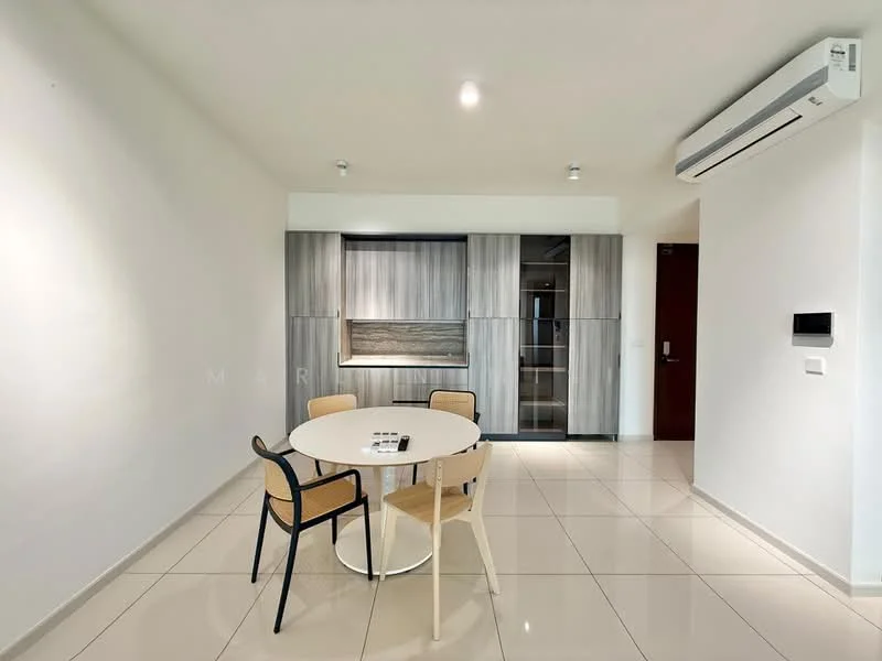 Dining features: round dining table, 4 dining chairs, white walls, glossy tile flooring, wall-mounted air conditioning unit, built-in cabinetry with wood finish, recessed ceiling lights, doorway leading to another room; style: modern.