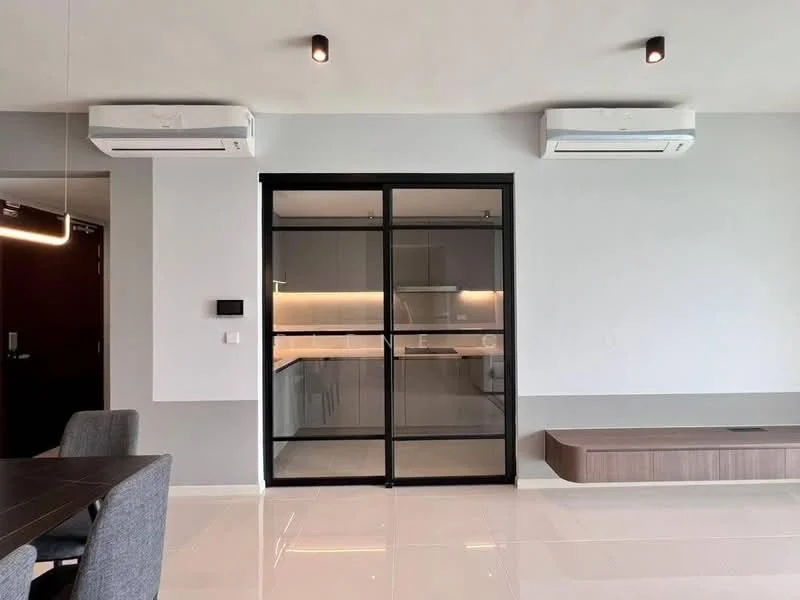 Room features: 2 wall-mounted split ACs, white painted walls, grey accent wall, glazed sliding glass door, polished tile flooring, recessed downlights, built-in cabinetry, open layout to kitchen; style: modern.