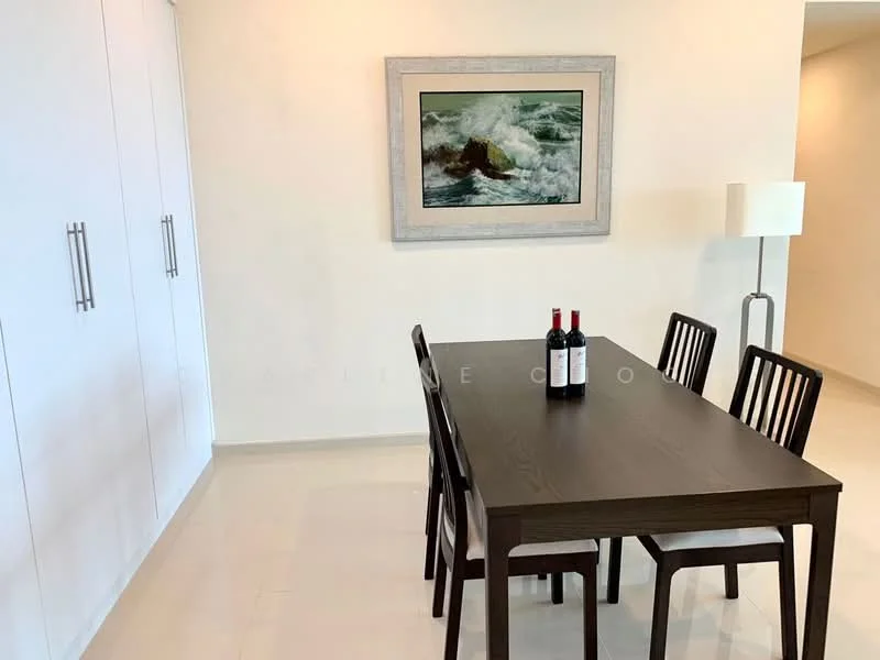 Dining features: wood dining table, 4 wooden dining chairs, framed artwork on wall, white built-in cabinets, lampshade floor lamp, light-colored walls, cream tiled flooring, bottles of wine on table; style: modern.
