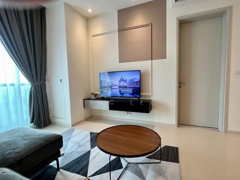 Living features: floor-to-ceiling windows, sheer curtains, wall-mounted TV, TV console, coffee table, 3-seater fabric sofa in grey, area rug with geometric pattern, light-coloured walls, recessed downlights, neutral tile flooring; style: modern; view: city.