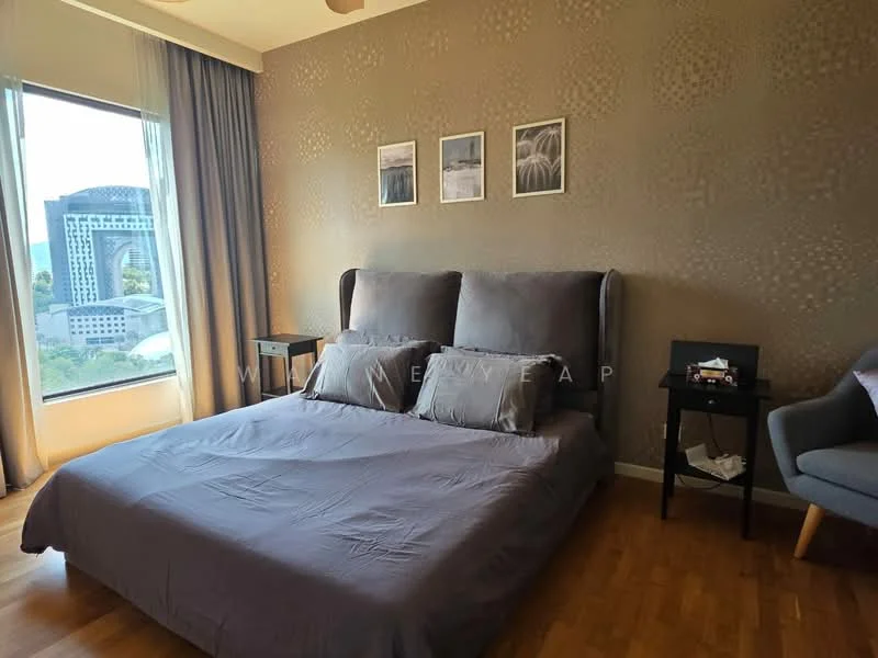 Bedroom features: king-size bed with grey bedding, upholstered headboard, two bedside tables, framed artwork on walls, floor-to-ceiling windows, curtains, wooden flooring, armchair in grey fabric; style: modern; view: city.
