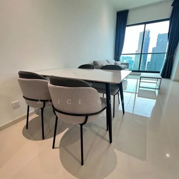 Dining features: 6-seater dining table with marble top, upholstered dining chairs in grey, floor-to-ceiling windows, city view, white painted walls, glossy tile flooring, curtains in dark blue, open layout to living area; style: modern; view: city.