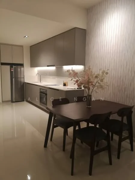 Kitchen features: grey flat-panel cabinets, white quartz countertop, stainless-steel fridge, built-in oven, 4-burner gas hob, stainless-steel range hood, single-bowl stainless-steel sink, chrome pull-down faucet, recessed LED downlights, wall-mounted cabinets, decorative vase with flowers, dining table with four chairs, cream tiled backsplash, polished ceramic tile flooring; style: modern.