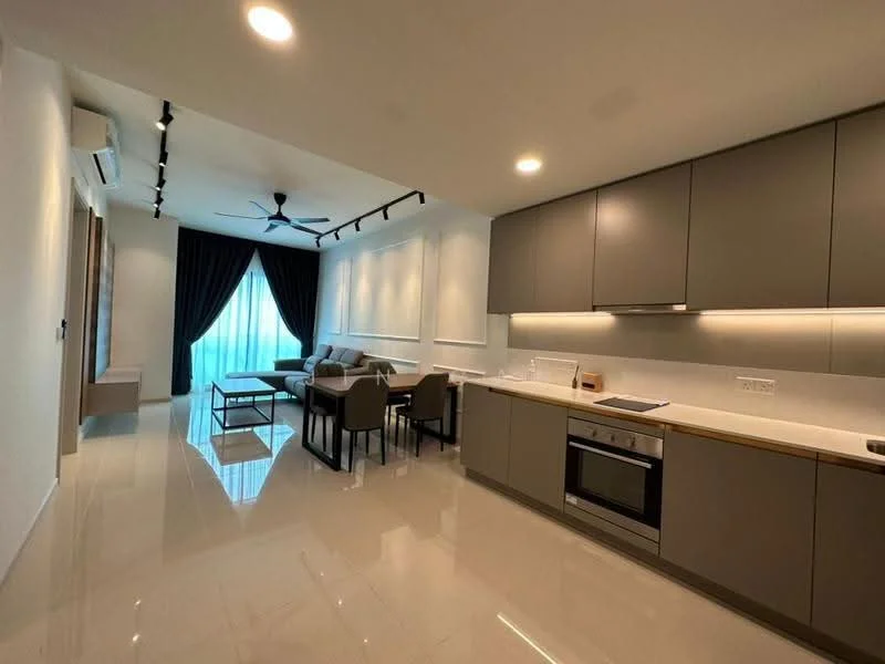 Kitchen features: grey cabinetry, white quartz countertop, built-in oven, stainless-steel range hood, 4-burner gas hob, single-bowl stainless-steel sink, chrome pull-down faucet, recessed LED downlights, wall-mounted split AC, ceramic tile flooring, open shelving; style: modern. Living features: 3-seater fabric sofa in beige, 2 upholstered dining chairs, coffee table, floor-to-ceiling windows with sheer curtains, ceiling fan, recessed LED downlights, area rug, wall-mounted TV, ceramic tile flooring; style: modern.