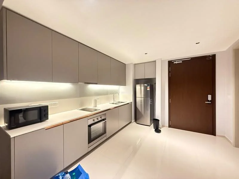 Kitchen features: grey cabinetry, white countertop, stainless-steel sink, chrome pull-down faucet, built-in oven, freestanding range oven, microwave, stainless-steel fridge, recessed LED downlights, tile flooring, wall-mounted cabinets, kitchen island, open shelving; style: modern.