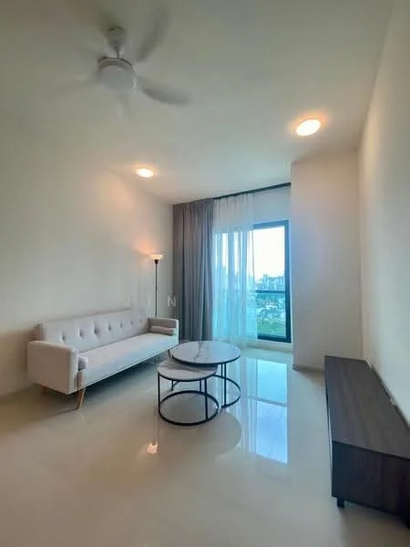 Living features: 3-seater fabric sofa in white, round coffee table with black metal base, TV console in dark wood, floor-to-ceiling windows, sheer curtains, blackout curtains, ceiling fan, recessed downlights, glossy tile flooring, neutral painted walls; style: modern; view: city.
