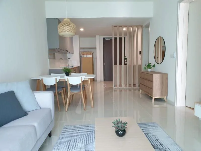 Living features: light grey fabric sofa, black throw pillow, wooden coffee table, area rug with geometric pattern, decorative plant in ceramic pot, wall-mounted mirror, pendant light fixture, open-plan layout, white painted walls, glossy tile flooring; style: modern. Dining features: 4-seater dining table, wooden dining chairs, light grey cabinetry, stainless-steel sink, kitchen island, white backsplash, built-in appliances; style: modern.