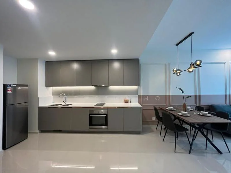 Kitchen features: grey flat-panel cabinets, white quartz countertop, stainless-steel single-bowl sink, chrome pull-down faucet, built-in oven, electric cooktop, stainless-steel refrigerator, recessed LED downlights, pendant lighting above dining table, dining table with 4 chairs, open layout, polished tile flooring; style: modern.
