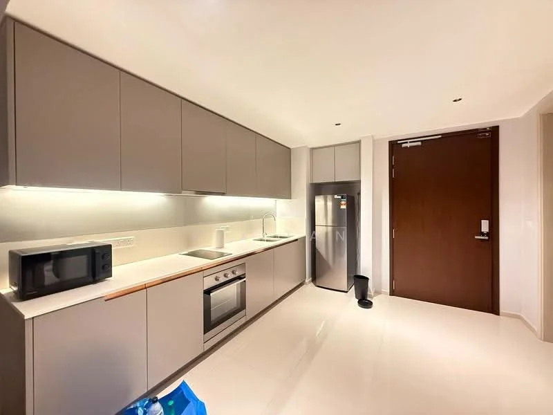 Kitchen features: grey flat-panel cabinets, white countertop, stainless-steel sink, chrome pull-down faucet, built-in oven, 4-burner gas hob, microwave, stainless-steel fridge, recessed LED downlights, white tiled backsplash, floor-to-ceiling cabinet, tile flooring; style: modern.