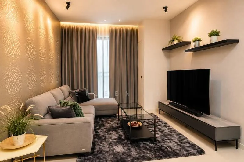 Living features: grey fabric L-shape sectional sofa, black glass coffee table, black TV console, wall-mounted flat-screen TV, decorative wall with patterned texture, floor-to-ceiling window with sheer curtains, recessed LED downlights, area rug with geometric pattern, shelves with potted plants, green decorative cushions; style: modern; view: city.