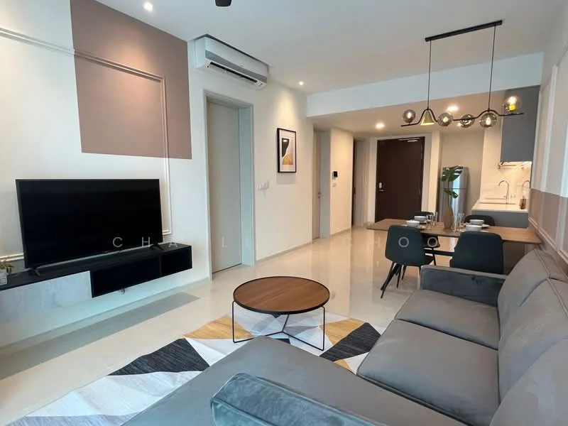 Living features: grey fabric sofa, round wooden coffee table, area rug with geometric pattern, wall-mounted TV, TV console, recessed downlights, ceiling-mounted pendant light, open-plan layout, cream painted walls, marble tile flooring, air conditioning unit; style: modern. Dining features: 4-seater dining table, black dining chairs, pendant lighting above table, cream painted walls, marble tile flooring; style: modern.