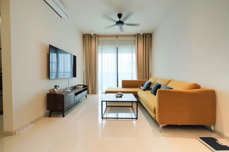 Living features: 3-seater fabric sofa in mustard yellow, coffee table with black metal frame, wall-mounted TV, TV console with wooden finish, floor-to-ceiling windows, sheer curtains, ceiling fan, polished tile flooring, decorative cushions in blue, area rug; style: modern.