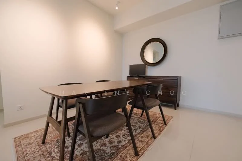 Dining features: 6-seater dining table, wooden dining chairs, area rug with geometric pattern, framed mirror, sideboard cabinet, wall-mounted TV, white painted walls, recessed downlights, polished tile flooring; style: modern.