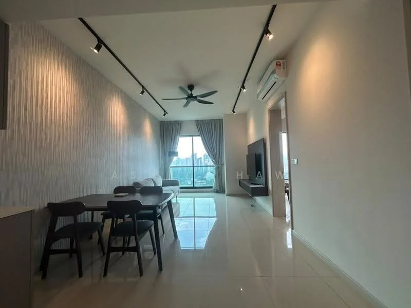 Living features: white painted walls, light grey accent wall, polished tile flooring, 5-blade ceiling fan with light, recessed LED downlights, floor-to-ceiling windows, curtains, wall-mounted TV, entertainment unit, dining table with chairs; style: modern; view: city.
