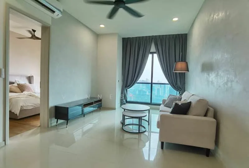 Living features: white painted walls, glossy tile flooring, 5-blade ceiling fan, floor-to-ceiling windows, curtains, sofa in light color, coffee table, TV console, wall-mounted lamp; style: modern; view: city.