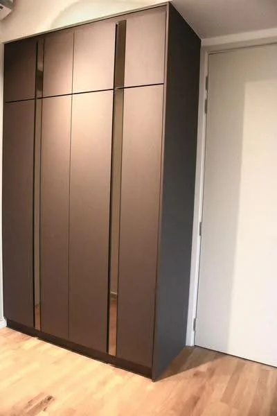 Room features: built-in wardrobe with mirrored doors, dark wood finish, minimalist design, smooth surface, light wood flooring, white door; style: modern.