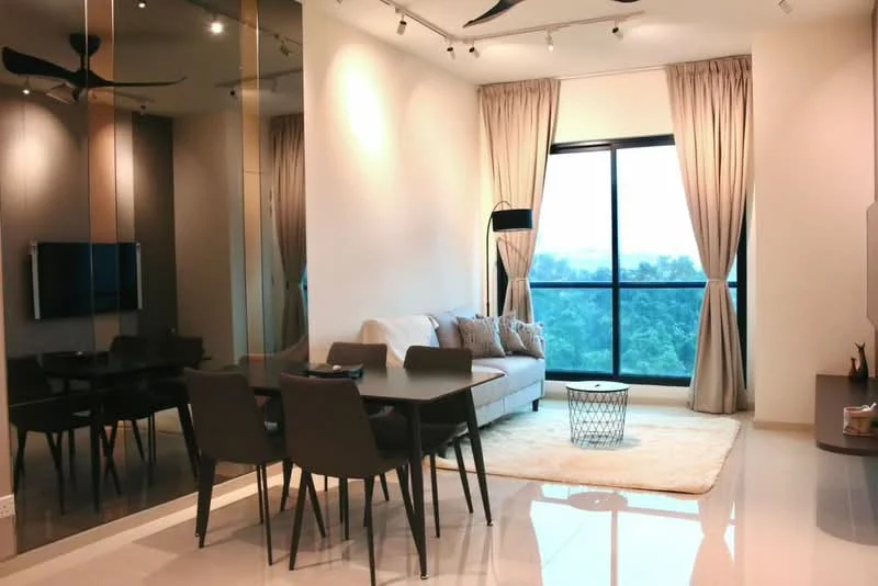 Living features: 3-seater fabric sofa in light grey, coffee table with metal base, area rug with neutral color, floor-to-ceiling windows, sheer curtains, blackout curtains, wall-mounted TV, dining table for 4 with black chairs, recessed downlights, ceiling fan with light, decorative wall mirror, wooden sideboard; style: modern; view: garden.