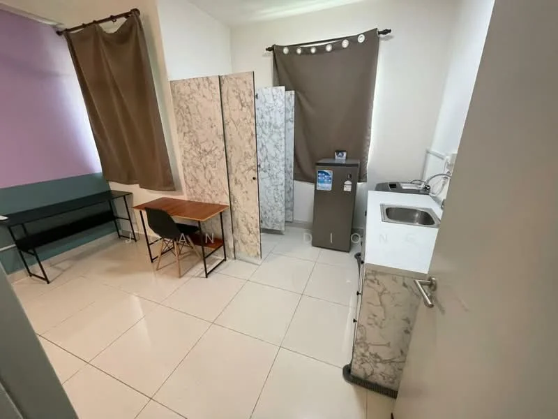 Room features: white tiled flooring, light grey walls, purple accent wall, two brown curtains, marble-patterned folding screens, wooden table, black metal chair, stainless-steel sink, small refrigerator, kitchen cabinetry with marble pattern; style: modern.