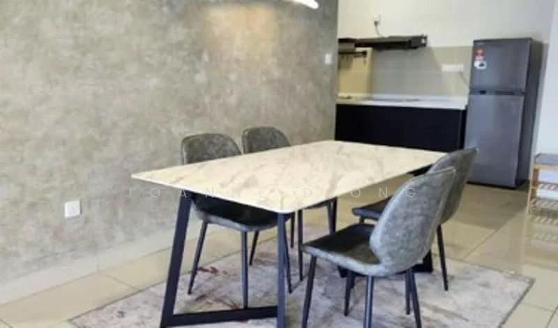 Dining features: marble dining table, 4 upholstered dining chairs in grey, area rug with geometric pattern, cream painted walls, tile flooring, recessed downlights, kitchen area visible in background, stainless-steel fridge; style: modern.