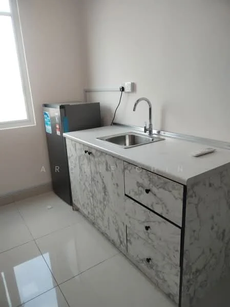Kitchen features: single-bowl stainless-steel sink, chrome pull-down faucet, marble countertop, white cabinetry with marble pattern, built-in fridge, white tiled backsplash, white wall, grey floor tiles, window with natural light; style: modern.