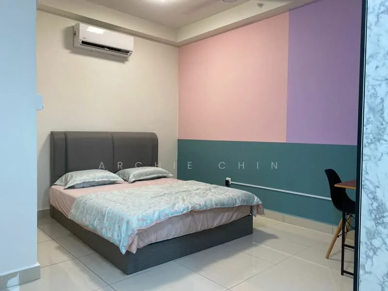 Bedroom features: king-size bed with upholstered headboard, bedding with floral pattern, white painted walls, accent wall in pastel purple and teal, air conditioning unit, marble flooring, study desk, black chair; style: modern.