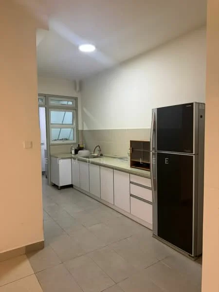 Kitchen features: white cabinetry, black refrigerator, stainless-steel sink, chrome faucet, light-colored countertop, tile backsplash, ceramic tile flooring, window with glass panes, under-cabinet lighting, built-in oven, microwave, open layout, neutral wall color, multiple cabinets, kitchen island; style: modern.