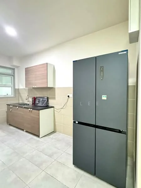 Kitchen features: grey cabinetry with flat-panel design, white lower cabinets, black countertop, stainless-steel sink, chrome faucet, built-in refrigerator in dark grey, tile backsplash, light grey tile flooring, window with grid design, wall-mounted electrical outlet; style: modern.