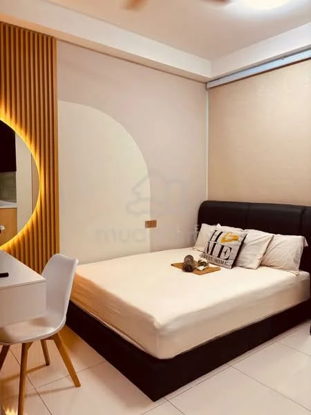 Bedroom features: king-size bed with black upholstered headboard, white bedding, decorative throw pillow with text, white desk with wooden legs, white chair, wall-mounted light fixture, accent wall with wood paneling, smooth beige wall, glossy tile flooring, recessed ceiling lights; style: modern.