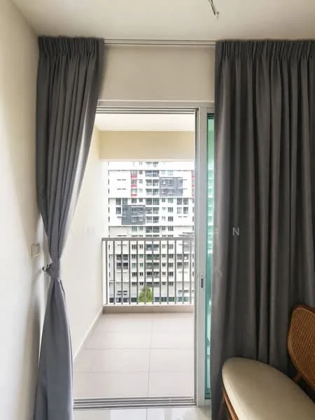 Room features: grey curtains, sliding glass door, balcony view, tile flooring, neutral wall colour, rattan chair; style: modern; view: city.