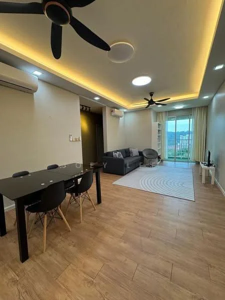 Living features: laminate wood flooring, white painted walls, recessed downlights, 5-blade ceiling fan with light, sofa in grey, coffee table, TV console, wall-mounted TV, floor-to-ceiling windows, sliding glass door, curtains, area rug with geometric pattern, dining table with black surface, 4 black dining chairs; style: modern; view: city.