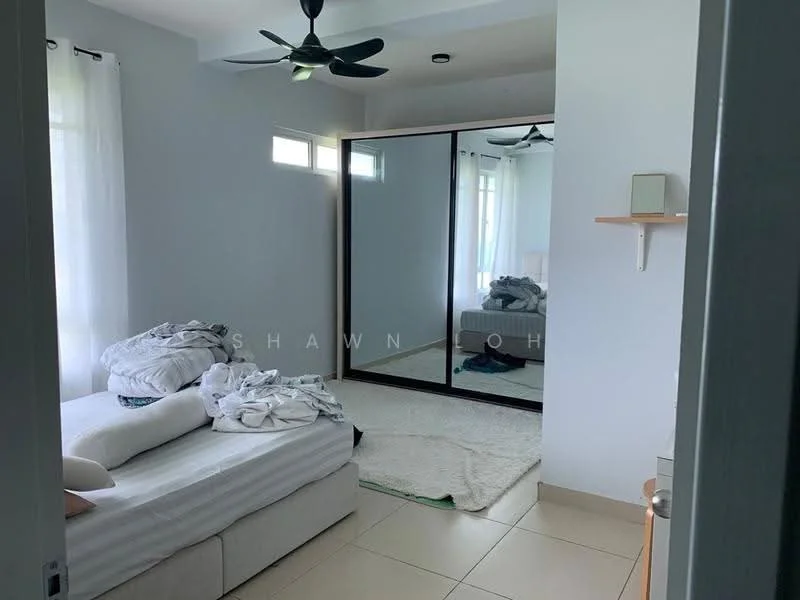 Bedroom features: queen-size bed, white bedding, mirrored sliding wardrobe, white walls, light-colored tile flooring, ceiling fan, natural light from windows, area rug, shelf on wall; style: modern.