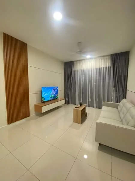 Living features: white painted walls, wood accent wall, glossy tile flooring, 5-blade ceiling fan, recessed downlights, sofa in light grey, wooden coffee table, TV console, wall-mounted TV, floor-to-ceiling sheer curtains, floor-to-ceiling blackout curtains; style: modern.