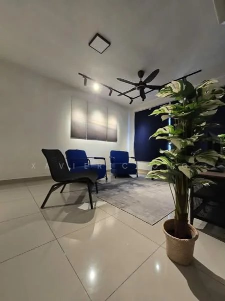 Living features: grey area rug, large potted plant, 2 blue armchairs, black accent chair, ceiling fan with light, track lighting, white painted walls, glossy tile flooring, framed artwork on wall, black curtains; style: modern.