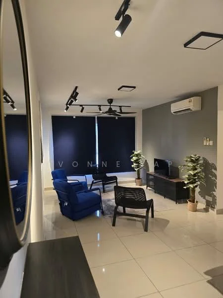 Living features: two blue fabric armchairs, black rattan coffee table, grey accent wall, white painted walls, recessed LED downlights, 5-blade ceiling fan, floor-to-ceiling windows with blackout roller blinds, potted plants; style: modern.