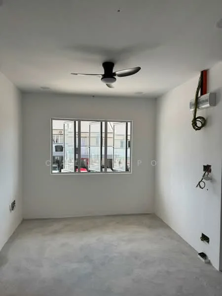 Room features: white painted walls, concrete flooring, 5-blade ceiling fan, floor-to-ceiling windows, window treatments not visible, exposed electrical wiring, light fixtures not installed; style: minimalist; view: city.