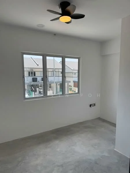 Room features: white painted walls, concrete flooring, 5-blade ceiling fan, floor-to-ceiling windows, natural light from window, view of exterior buildings; style: modern.
