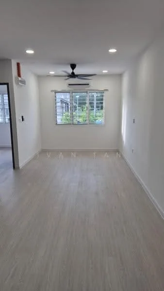 Living features: light wood laminate flooring, white painted walls, recessed LED downlights, 5-blade ceiling fan, wall-mounted split AC, floor-to-ceiling windows, window treatments with sheer curtains; style: modern; view: garden.