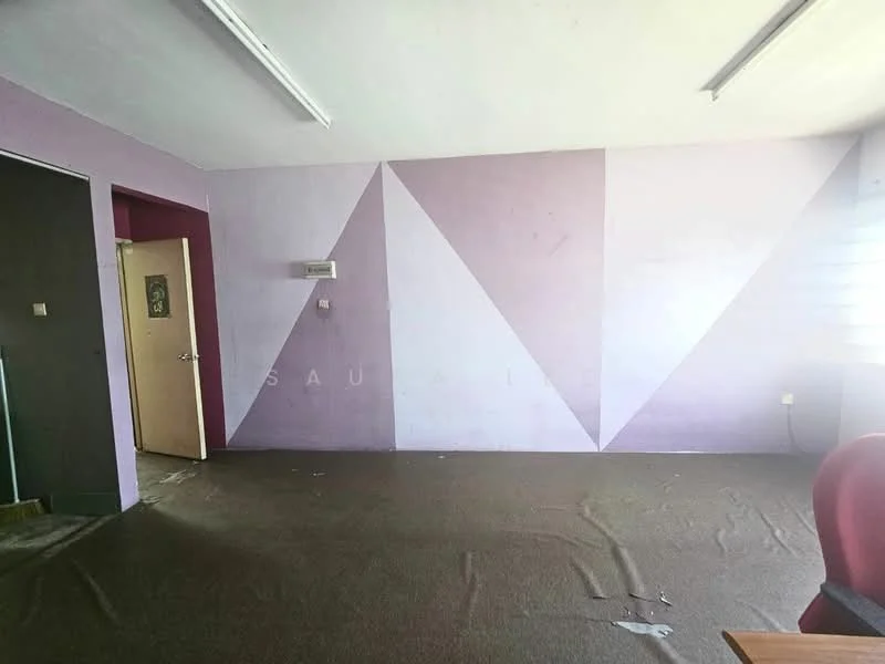 Room features: purple painted walls with geometric pattern, carpet flooring, ceiling lights, door leading to another room, window with blinds.