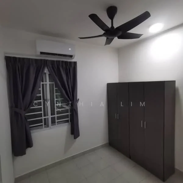 Room features: grey curtains, floor-to-ceiling window, 1 wall-mounted split AC, ceiling fan, light fixture, built-in wardrobe with multiple doors, light-coloured walls, tile flooring; style: modern.