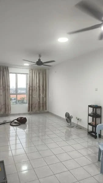 Room features: white painted walls, glossy tile flooring, 2 ceiling fans, large windows, curtains with floral pattern, floor-to-ceiling windows, light fixtures, open space layout, one standing fan, metal shelving unit; style: modern; view: city.