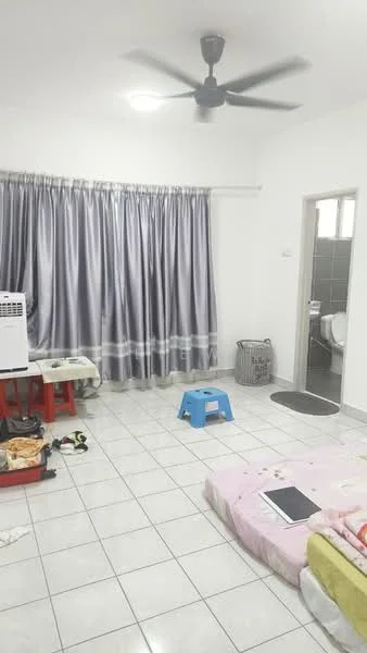 Room features: white painted walls, white ceiling, tile flooring, 5-blade ceiling fan, grey curtains, window with blinds, pink mattress on the floor, blue stool, red table, laundry basket, air conditioning unit, doorway leading to bathroom; style: minimalist.