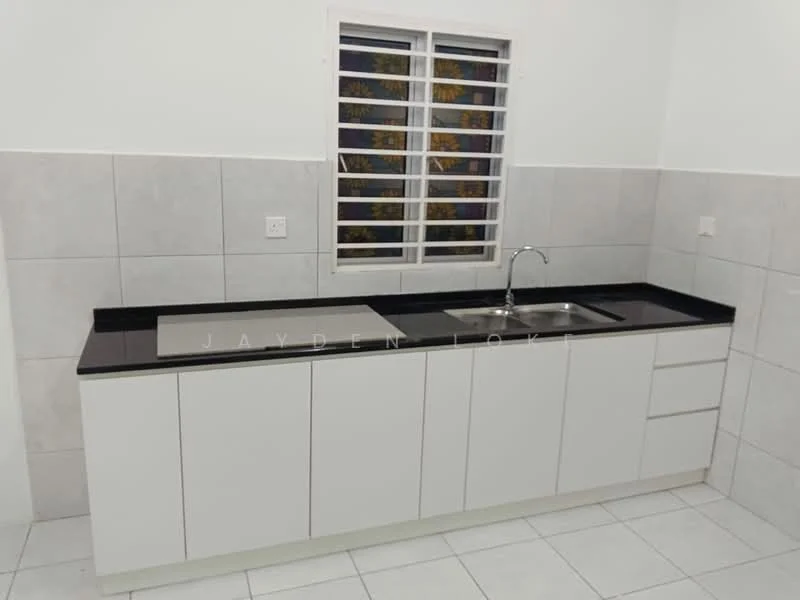 Kitchen features: white cabinetry, black granite countertop, double-bowl stainless-steel sink, chrome pull-down faucet, tile backsplash, grey tiled walls, white painted walls, white tiled flooring, window with horizontal bars; style: modern.